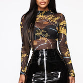 2000s fashion Mesh Printed Bottoming Shirt Top