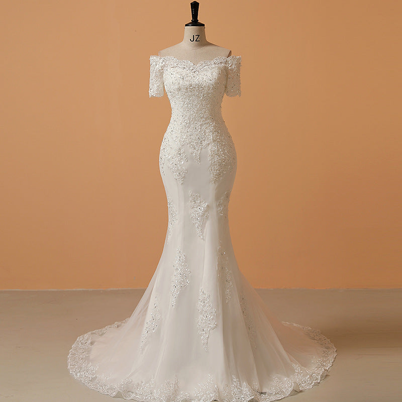 royalty dress to impress off-Shoulder Long Wedding Dress Spring New French Court Style Tight Waist Fishtail Bride Slimming Simple Elegant