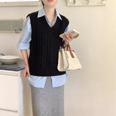 outfit inspo fall V-neck Twist Knitted Vest Overwear Outer Sweater Vest Sleeveless Women's Autumn and Winter High-Grade Temperament Top