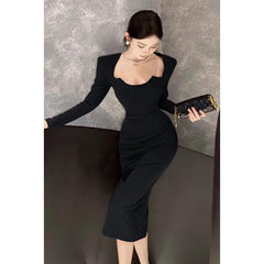 2000s fashion Autumn and Winter New French Long Sleeve Dress Women's High-Grade Elegant Dress Slim Split Hip Skirt