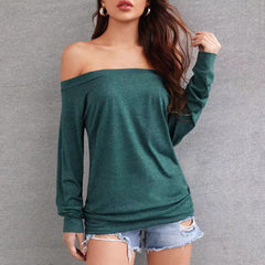 2000s fashion Spring and Summer Women's Long-Sleeved off-Shoulder Solid Color Top T-shirt