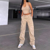 90s fashion High Quality Loose Wide Leg Mop Straight High Waist Casual Multi-Pocket Workwear Jeans for Women