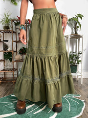 skirt outfits Women's Solid Color Retro Lace Stitching A- line Midi Skirt