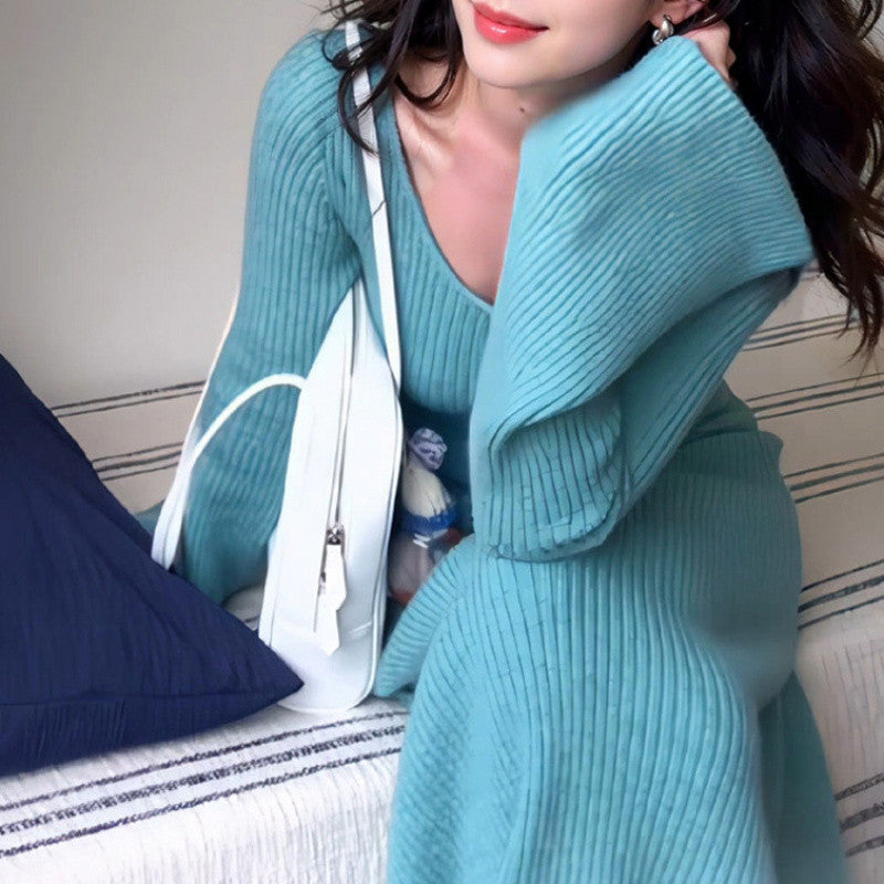 fashion outfits Hong Kong Style Retro French Bell Sleeve round Neck Knitted Dress Women's Autumn Bottoming Dress Unique Super Nice Niche