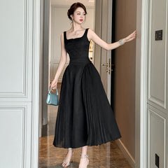 supernatural dress to impress Hepburn Style Black Dress Summer New Women's French Square Collar Tight Waist Pleated Dress