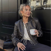 90s fashion Y2k Pu Street Fashion Short Slim Autumn New Stand Collar Motorcycle Pilot Jacket Jacket Leather Coat