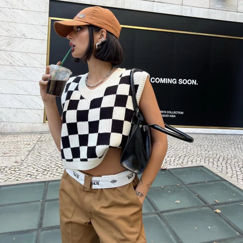 dti outfits Spring New Blogger Casual Pullover Knitted Chessboard Plaid Vest Top