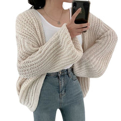fall fashion Jo Korean Autumn Lazy Style V-neck Versatile Loose Casual Solid Color Lantern Sleeve Knitted Cardigan Sweater outside