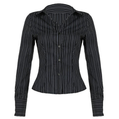 2000s fashion Summer New Lapel Breasted Cardigan Long-Sleeved Shirt T-shirt Women's Slim Fit Versatile Striped Woven Short Top