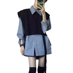 outfit inspo Haze Blue Casual Long-Sleeved Shirt Women's Loose Lazy Style Spring New High-Grade Stacked All-Match Temperament Top