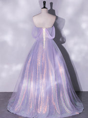 BXOXO Purple A-Line Tulle Sequin Long Prom Dress, Purple Sequin Long Formal Dress