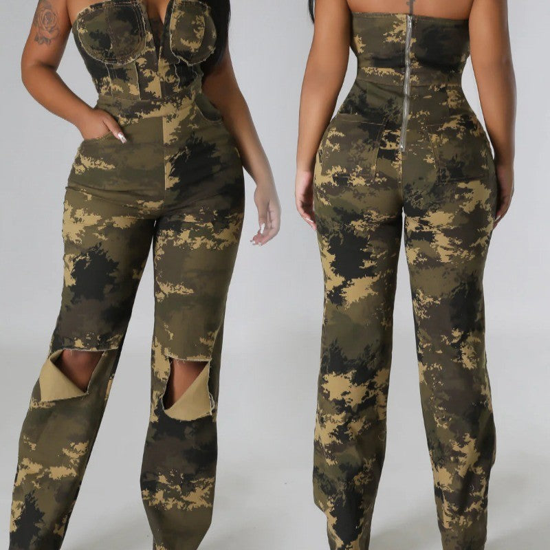 dti outfits Early Autumn Women's Tube Top Camouflage Fashion Western Style Women's Jumpsuit