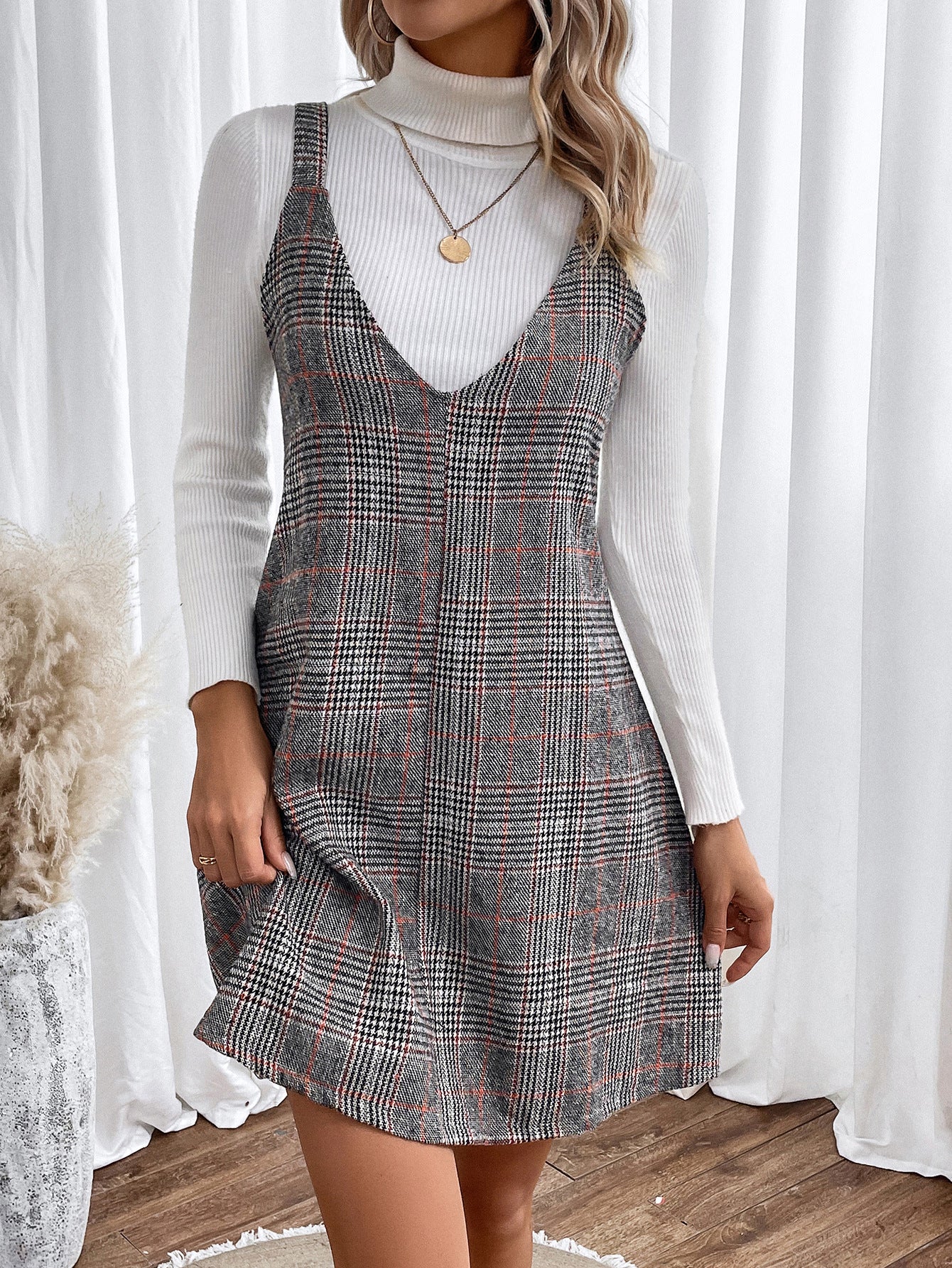 pumpkin patch dress to impress Women's V-neck Plaid Strap Dress Spring and Autumn Winter Fashion Women's Clothing