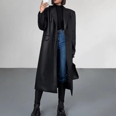 black outfit Black Mid-Length Leather Coat for Women Spring and Autumn Fashion New Loose over-the-Knee PU Leather Suit Coat Trendy