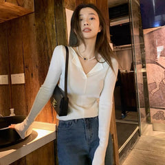 outfit inspo Korean Style Polo Collar Sweater Women's New Design Double Collar Chic Early Autumn Chic Top Bottoming Shirt