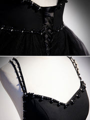 BXOXO Black V Neck Tulle Long Prom Dress, Black Formal Graduation Dress with Beading