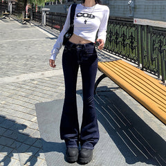 casual dinner outfit fall American Retro Hot Girl Micro Flared Jeans Women's Autumn and Winter Slim-Fit Horseshoe Pants