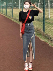 skirt outfits Fashionable Denim Skirt Women's Spring and Summer Elegant Slimming Versatile Stitching Frayed Split High Waist Sheath Dress