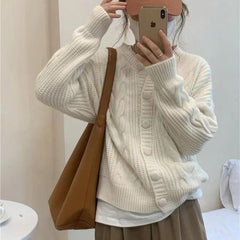 datenight fall outfits Autumn Women's Vintage Twist Knitted Sweater Thickened Loose Coat Long Sleeve Top Fashion