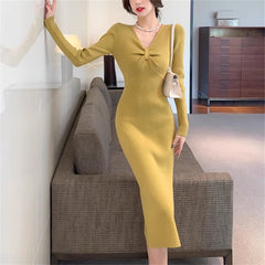 outfit inspo Autumn and Winter Retro French Temperament Dress Women's Design Bow Inner Base Split Sheath Sweater Dress