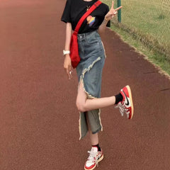skirt outfits Fashionable Denim Skirt Women's Spring and Summer Elegant Slimming Versatile Stitching Frayed Split High Waist Sheath Dress