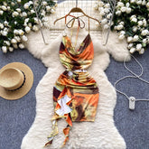 concert outfit Style Summer Women's Sexy Swing Collar Halter Sling Waist-Exposed Pleated Bag Hip Printed Sheath Dress Holiday Dress