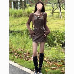 90s fashion American Temperament Strap Dress Women's Clothing Early Autumn New Long-Sleeved Sweater Hot Girl Niche Leather Skirt Fashion Suit