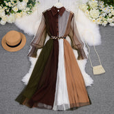 business casual outfits INS Contrast Color Stitching Mesh Dress Goddess Style Elegant Lapel Slim Mid-Length Fairy Dress
