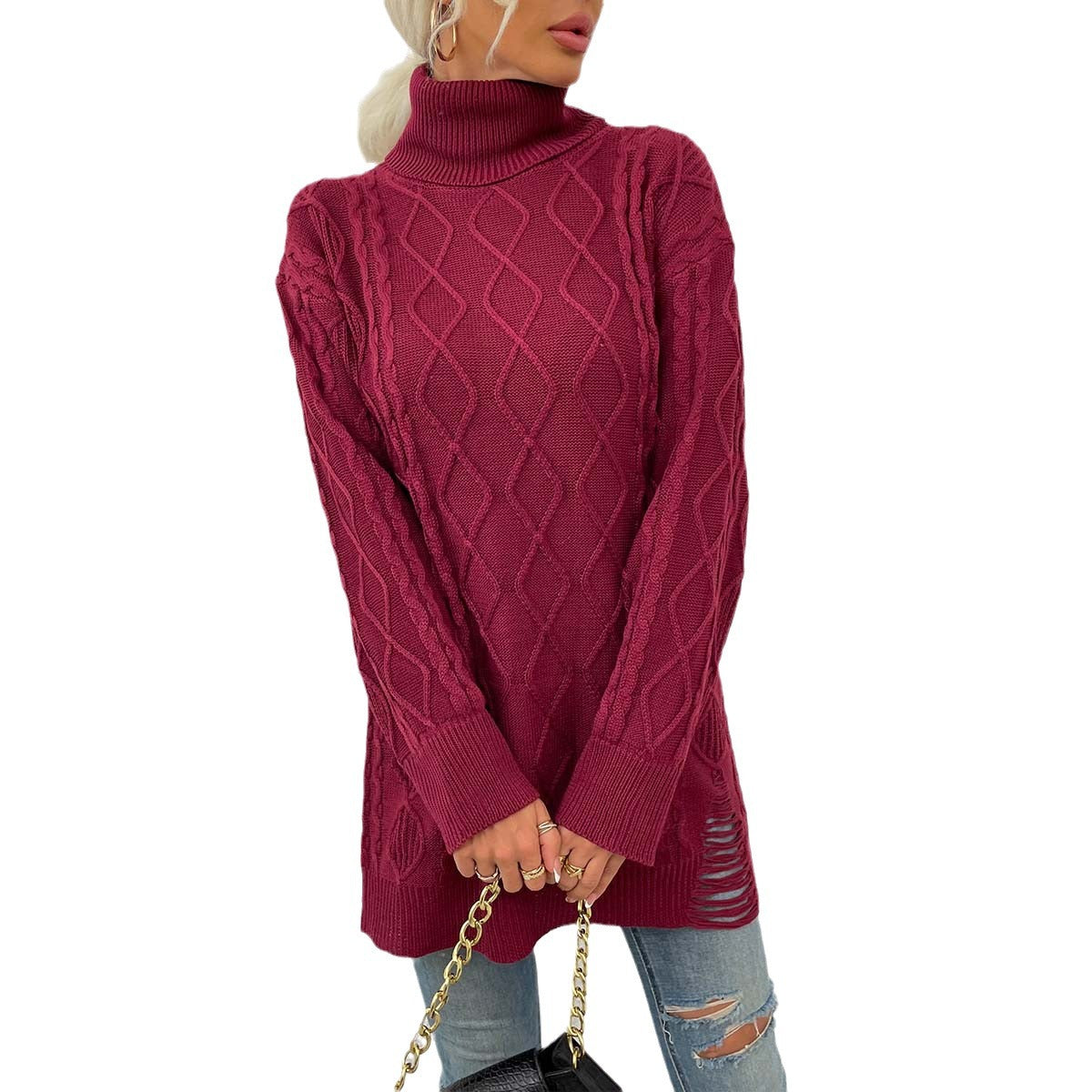 tailgate outfit black women Women's Sweater Sweater Thick Line Rhombus Woven Sweater Dress Personality Solid Color