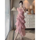 alien invasion dress to impress New Irregular Square Collar Ruffled Dress Women's Cake Skirt Temperament Long Skirt