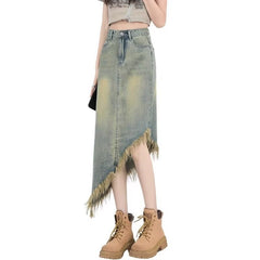 skirt outfits 2024 New Summer Irregular Frayed Denim Skirt Women's Distressed Design Versatile Mid-Length Skirt Fashion