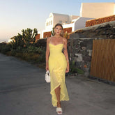 funky yellow sunglasses Autumn New Sweet Fresh Furry Lotus Leaf Lace Stitching V-neck Low-Cut Gauze Irregular Dress