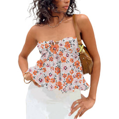 summer outfits inspo Women's Summer New Printed off-Shoulder Sexy Lace-up Base Tube Top Floral Top