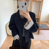 women’s fashion Autumn New Casual Stitching Niche Retro Lapel Jacket Striped Loose Long Sleeve Casual Denim Coat