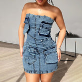 outfit inspo Personalized Street Denim Hip Skirt Spring New Solid Color Stitching Multi-Pocket Tube Top High Waist Dress Women