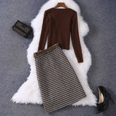 fall outfits Autumn Women's round Neck Knitted Slim Top Plaid with Belt Skirt Casual Suit