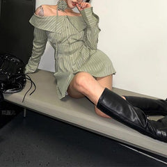 BXOXO Striped Off Shoulder Lapel Neck Long Sleeve Blouse