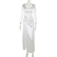 prom dresses Summer New Socialite Style Elegant Waist-Tight Twisted Split Satin Long Dress Women