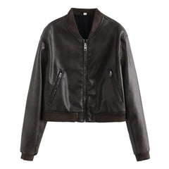 90s fashion Y2k Pu Street Fashion Short Slim Autumn New Stand Collar Motorcycle Pilot Jacket Jacket Leather Coat