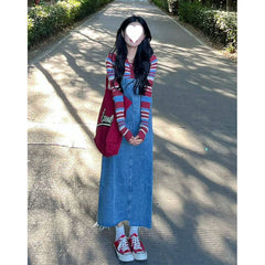 90s fashion Spring Denim Suspender Skirt Two-Piece Suit Female Sweet Gentle Korean Drama French Chanel Style Dress