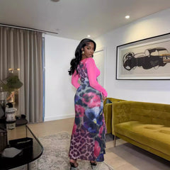 90s fashion 2024 Summer Women's Clothing Mesh Fishtail Ruffled Printed Slimming Sexy Style Dress