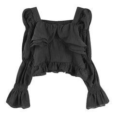 fall outfits women White Bell Sleeve Top Women's Clothing Spring Shirt Ruffled Square Collar Shirt Niche