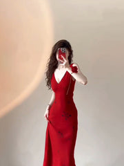 BXOXO - Sexy Mermaid V Neckline Christmas Dress Red Satin Prom Dresses Birthday Outfits HOT1170
