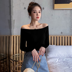 outfit inspo fall 2024 Spring and Autumn off-Shoulder Top Women's Long-Sleeved Undershirt Sexy Backless Large Neckline Leaky Collarbone T-shirt