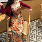 90s fashion National Style Improved Love Vintage Cheongsam Advanced Dress Mesh Cardigan Suit