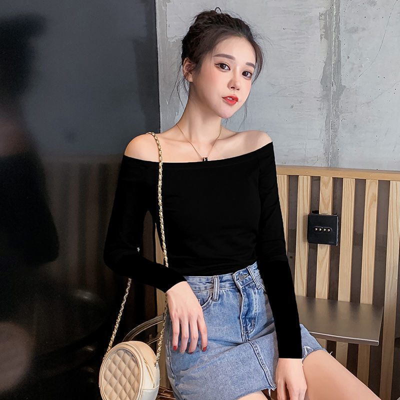 outfit inspo fall 2024 Spring and Autumn off-Shoulder Top Women's Long-Sleeved Undershirt Sexy Backless Large Neckline Leaky Collarbone T-shirt