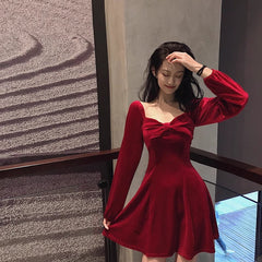 new year outfit French Style Dress New Year Clothes Women's Battle Dress Hepburn Style Velvet Dress Red Retro Square Collar Bottoming Dress