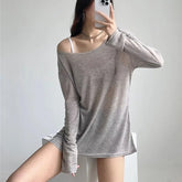 2000s fashion Wind Micro Revealed Shoulder Width Loose Long-Sleeved T-shirt Summer Fashion Comfortable All-Match Pullover Blouse Dance Top for Women