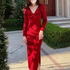 outfit inspo Autumn and Winter Retro French Temperament Dress Women's Design Bow Inner Base Split Sheath Sweater Dress