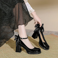 shoes Chunky Heel High Heels Spring Platform Bow Cute Temperament Princess Women's Shoes round Toe Buckle Low-Cut Shoes